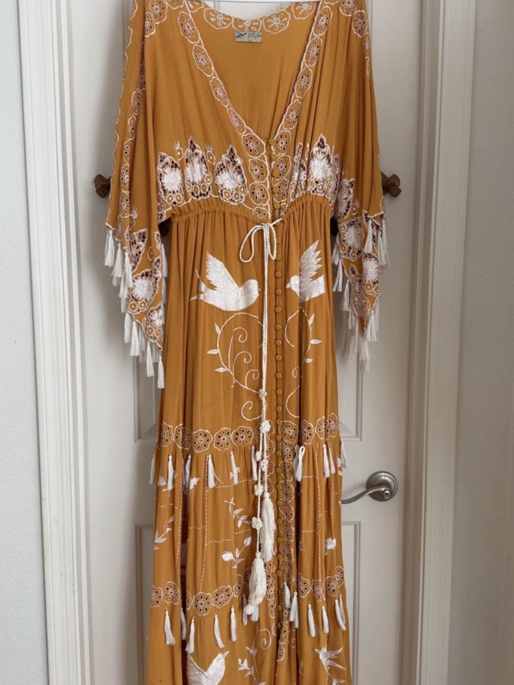 Fillyboo Xl Women’s Mustard Embroidered Tassel Maxi Dress/Kimono